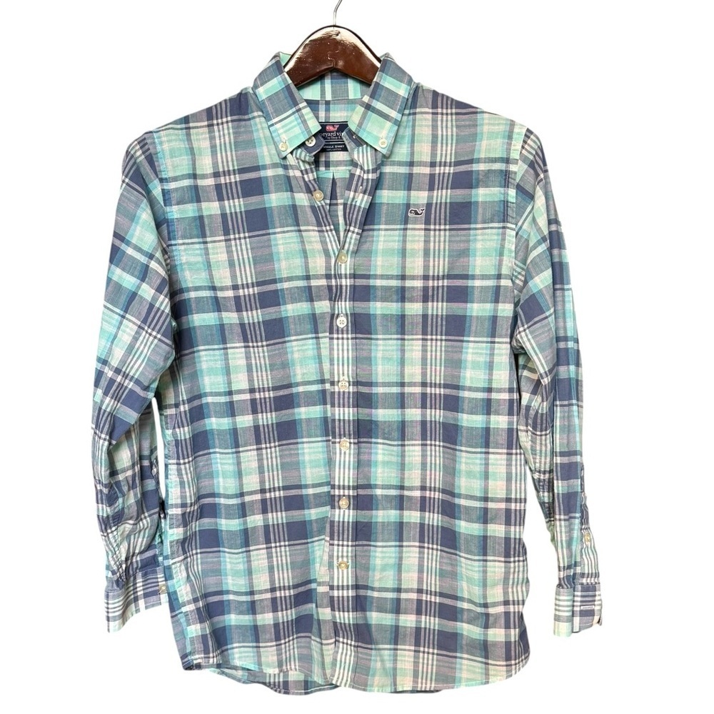 Vineyard Vines Whale Shirt Boys‎ Large 16-18 Blue Plaid Long Sleeve Button Up